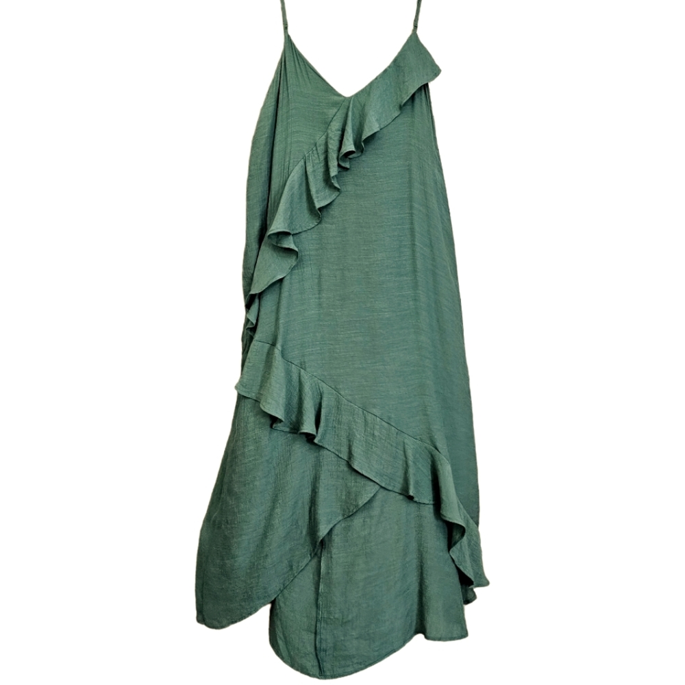 Nwot June & Hudson Sage Green Asymmetrical Sleeveless Ruffled High/Low Dress